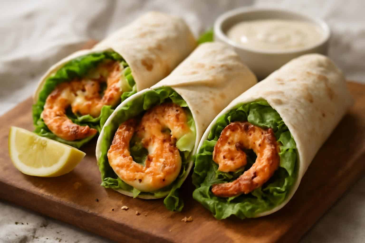 zesty grilled shrimp wraps with Caesar dressing and fresh lettuce on rustic board