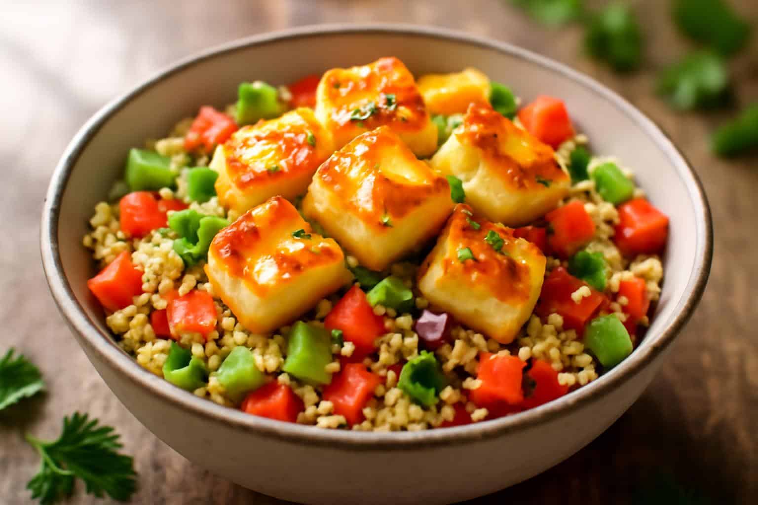 Zesty halloumi couscous salad with spicy honey drizzle and fresh herbs