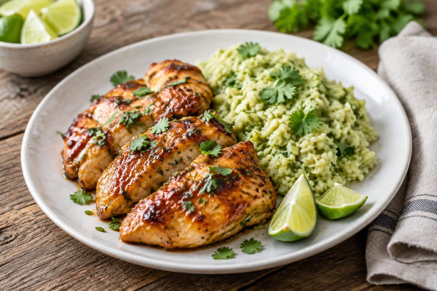 Honey lime chicken served with creamy avocado rice garnished with cilantro and lime wedges