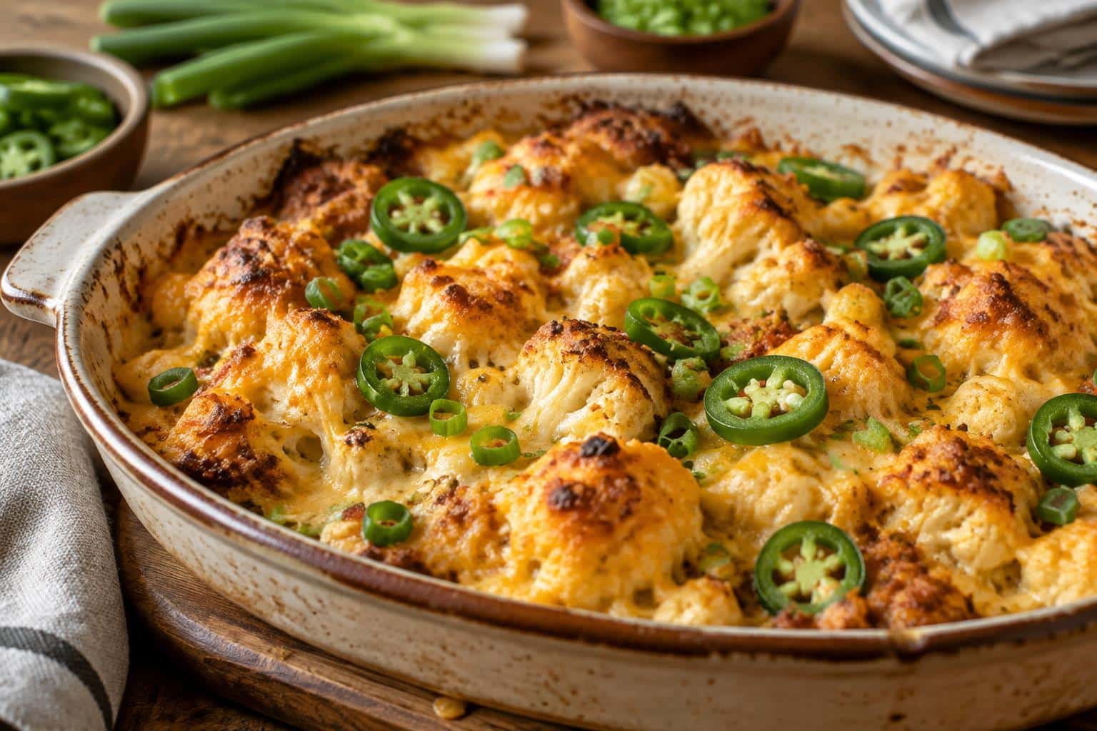 Zesty jalapeno popper cauliflower bake with melted cheese and jalapeno slices