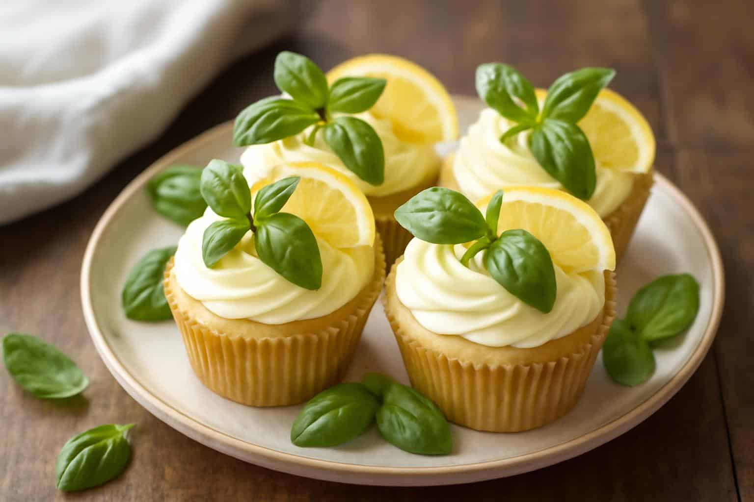 Freshly baked lemon basil cupcakes with olive oil, garnished with lemon zest and basil leaves