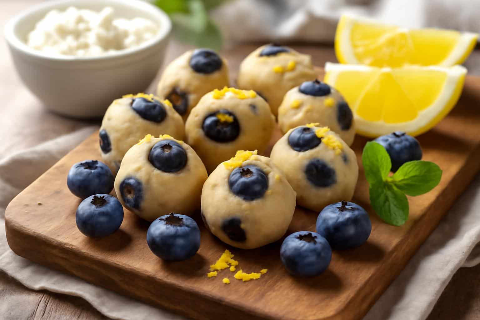 Zesty lemon blueberry protein bites made with cottage cheese on a wooden board
