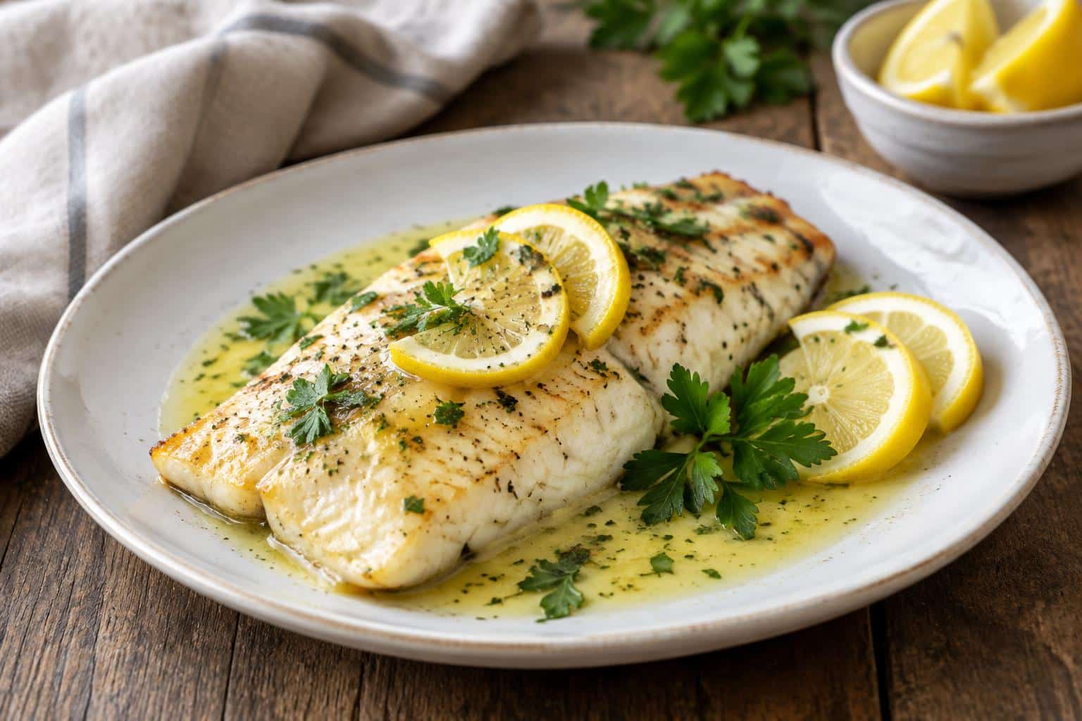 Zesty lemon butter fish fillet garnished with lemon slices and parsley on rustic plate