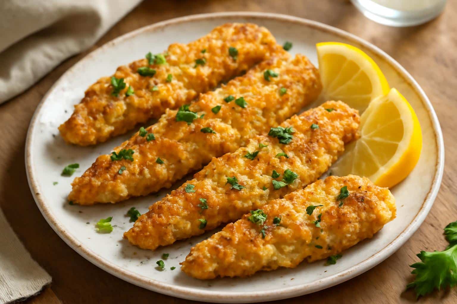 Zesty lemon garlic chicken tenders garnished with fresh parsley and lemon wedges on a white plate