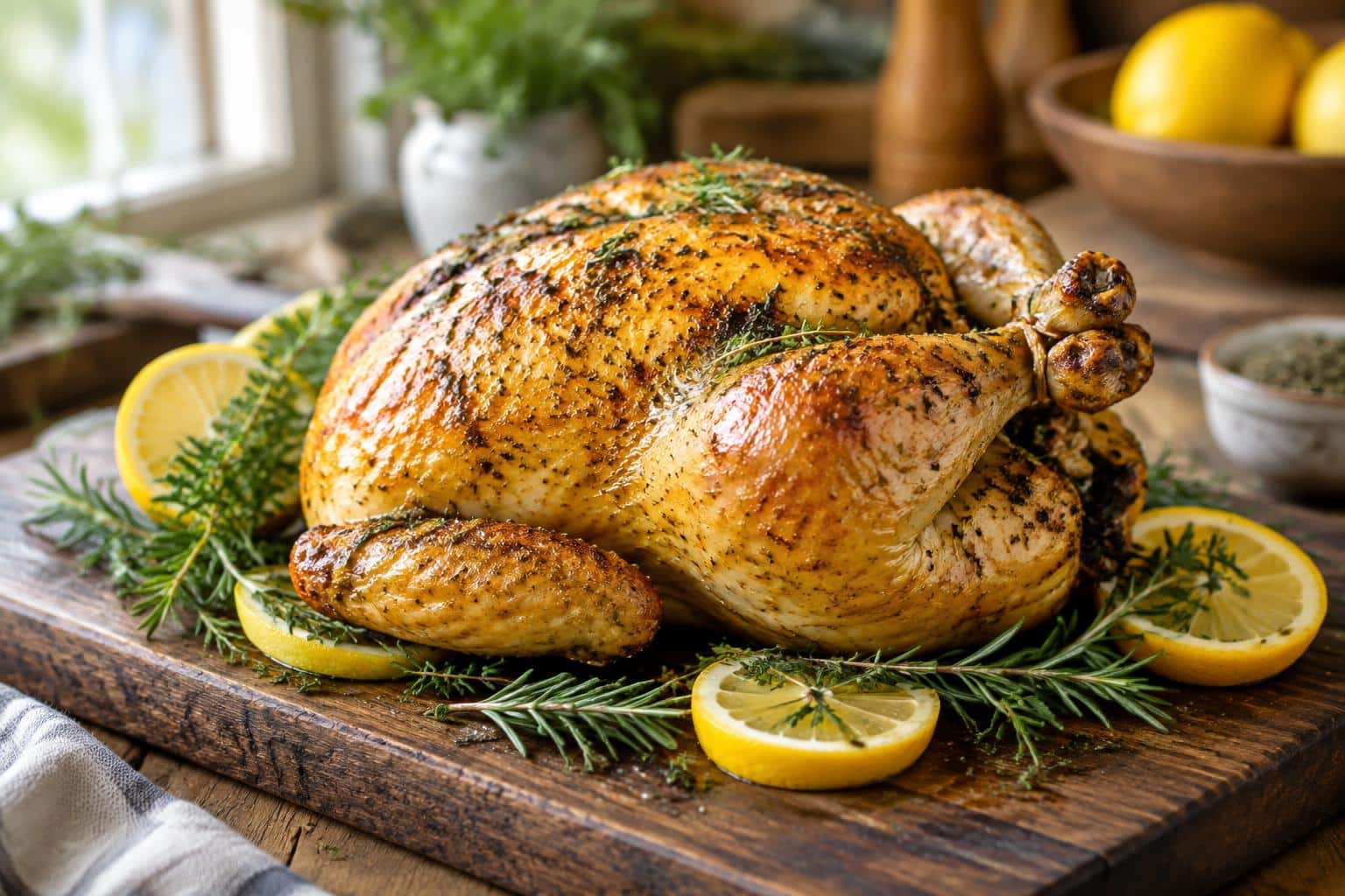 roasted lemon herb chicken with fresh lemon and herb garnish on wooden board