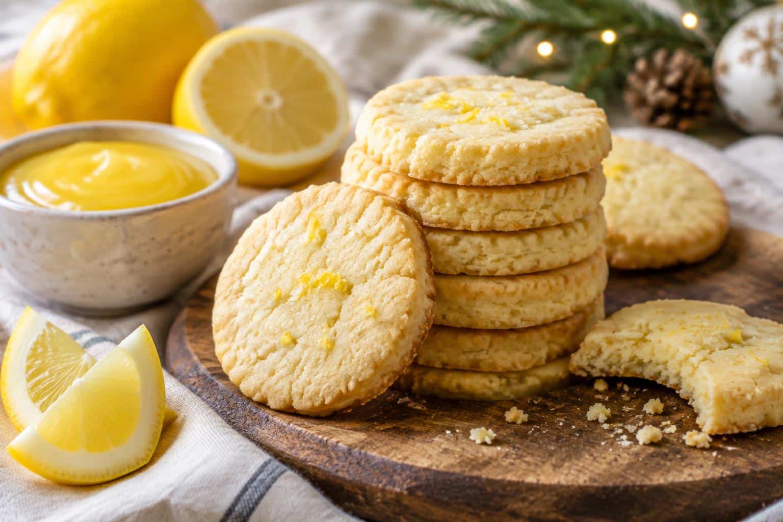 Zesty lemon shortbread cookies stacked on wooden board with lemon zest garnish