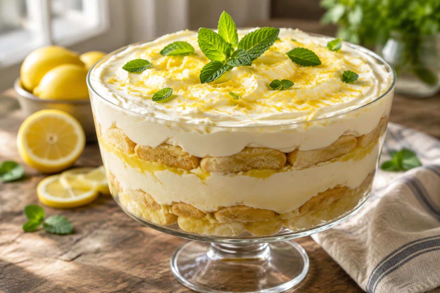 Zesty limoncello tiramisu dessert topped with lemon zest and mint leaves in a glass bowl