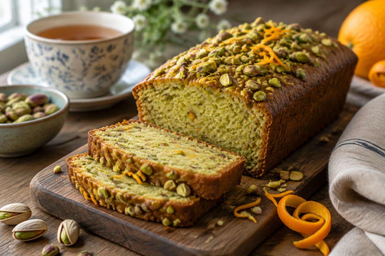 Freshly baked pistachio tea cake with orange zest and cardamom, garnished with pistachios