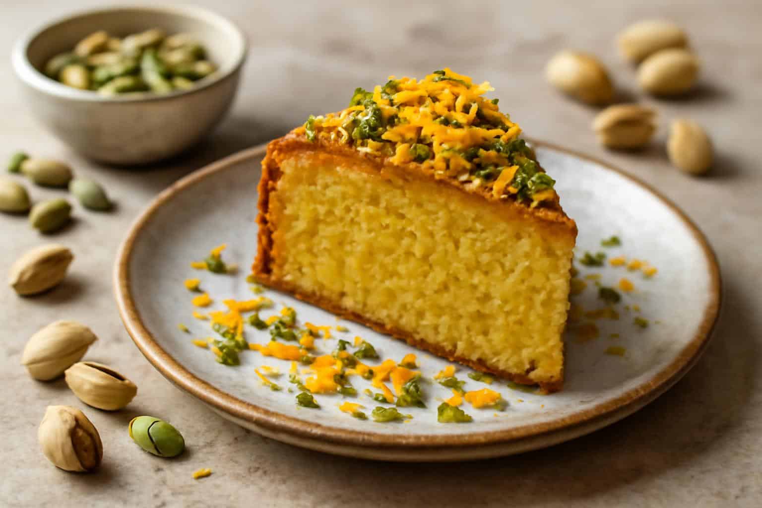 A slice of pistachio tea cake with orange zest and cardamom garnish on a rustic plate
