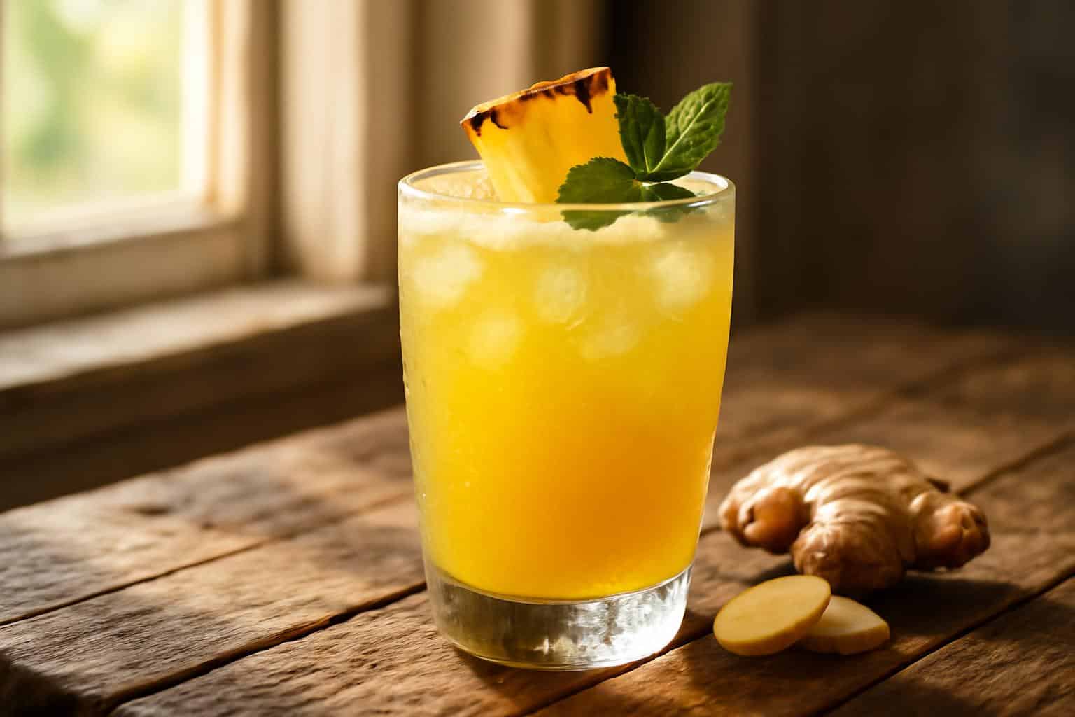 A refreshing pineapple ginger beer mocktail garnished with pineapple wedge and mint in natural light