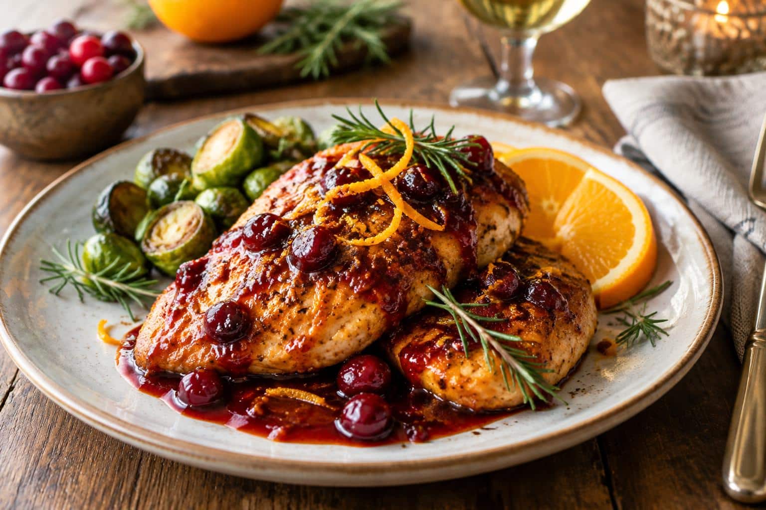 Zesty skillet chicken with cranberry and orange glaze garnished with orange zest and rosemary