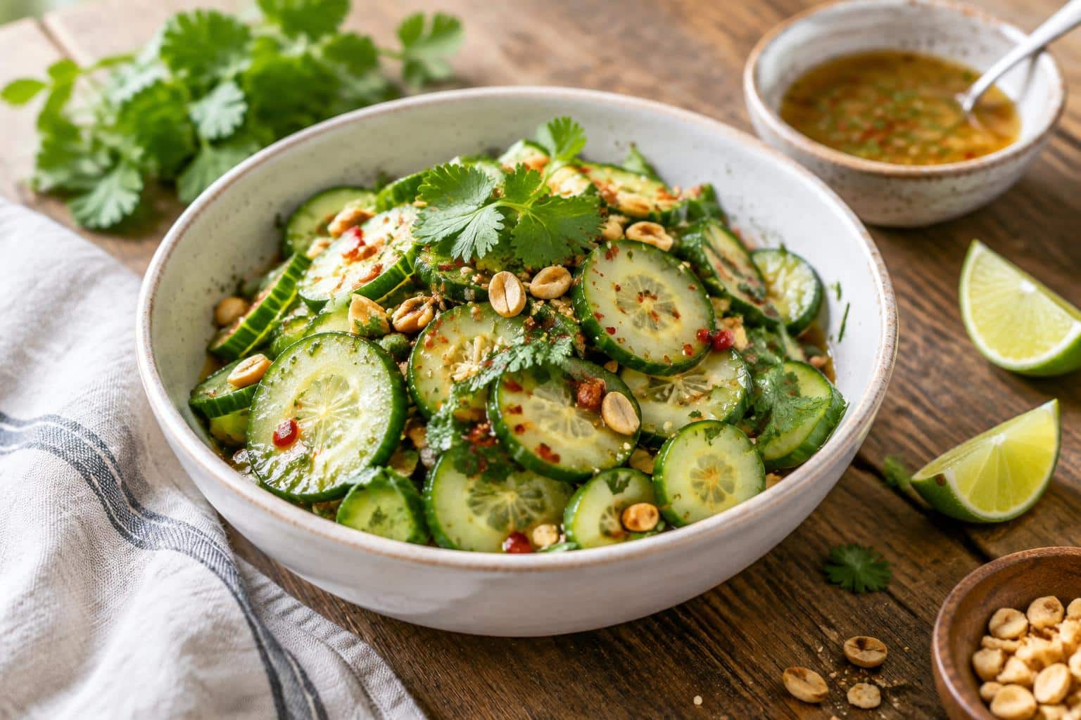Zesty Thai cucumber salad with fresh cucumber slices, chili flakes, cilantro, and peanuts in a bowl