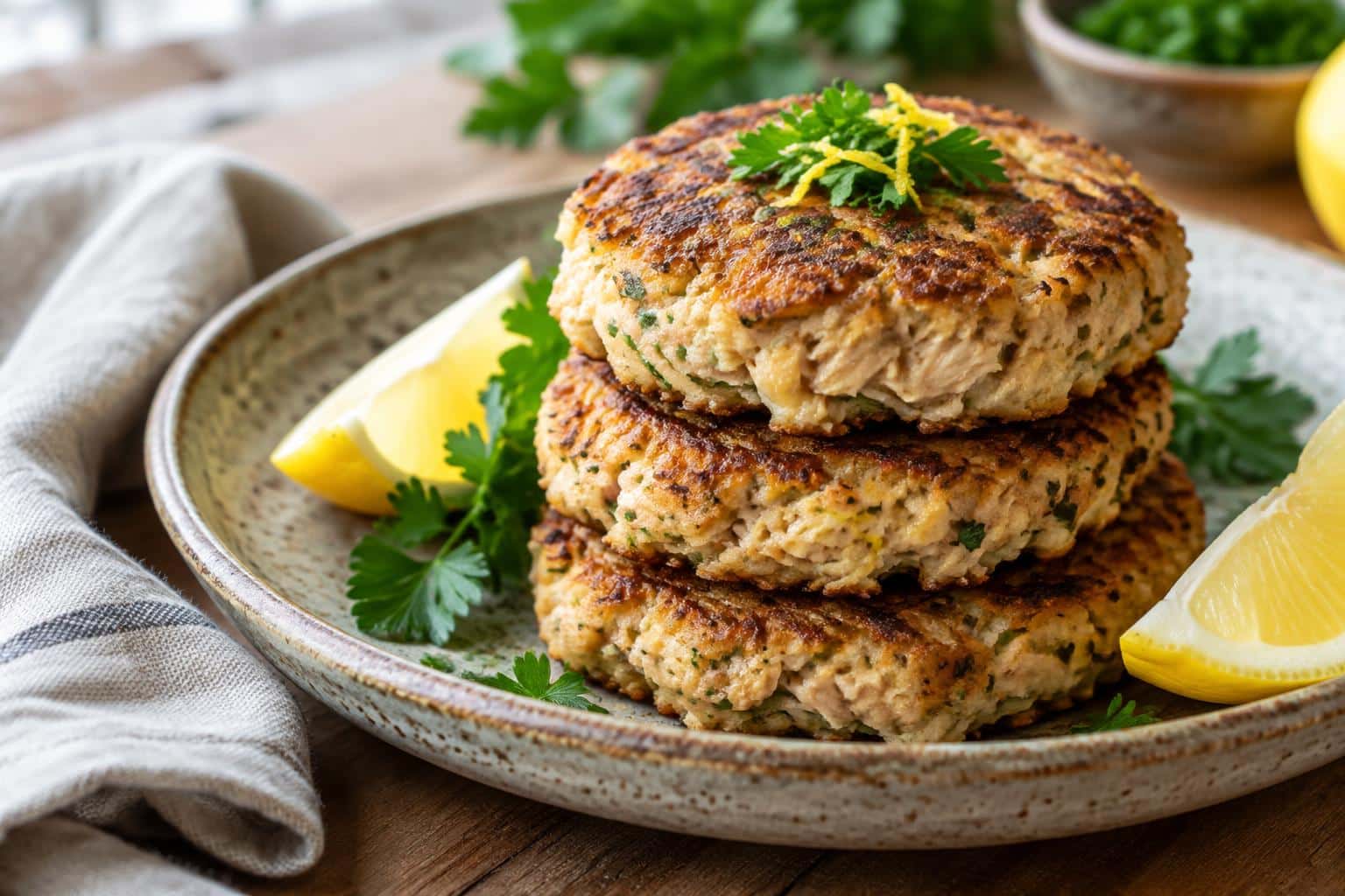 Golden zesty tuna cakes stacked on a rustic plate with lemon wedges and parsley garnish