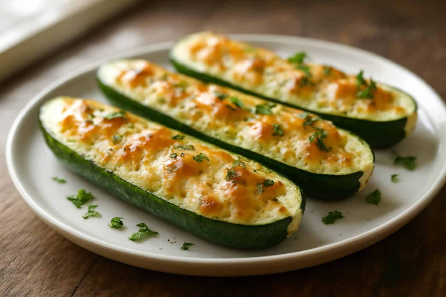 Baked zucchini boat recipes stuffed with cheese garnished with herbs on a white plate