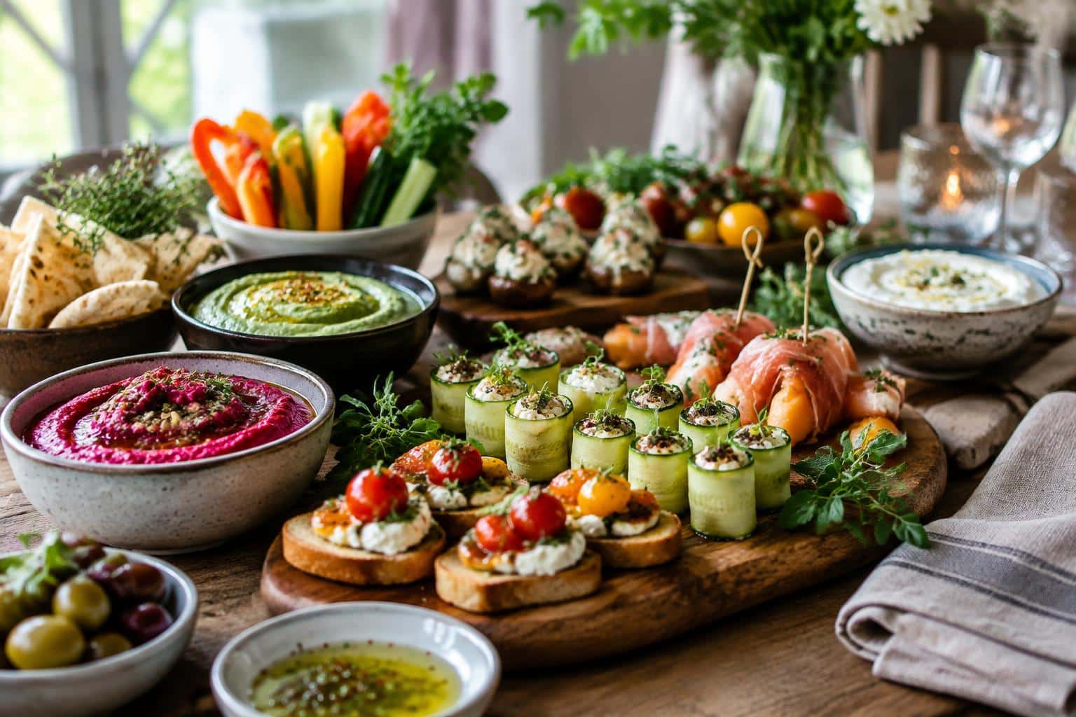 Creative and elegant party food table with colorful appetizers and fresh herbs garnish