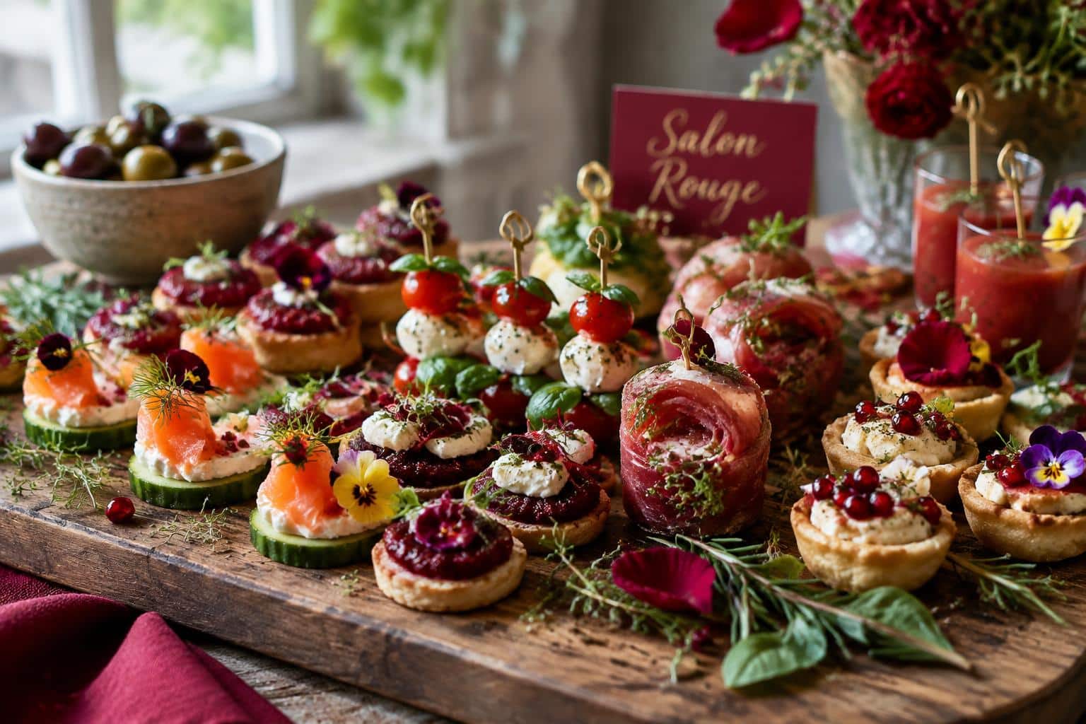 A stylish platter showcasing salon rouge ideas with vibrant finger foods and fresh garnishes
