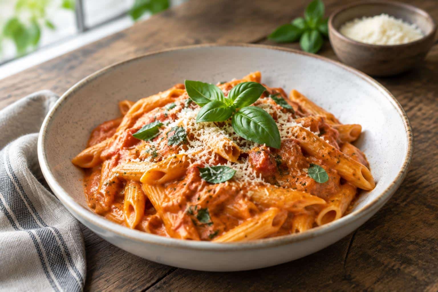 Creamy tomato garlic pasta served in a bowl garnished with fresh basil and parmesan