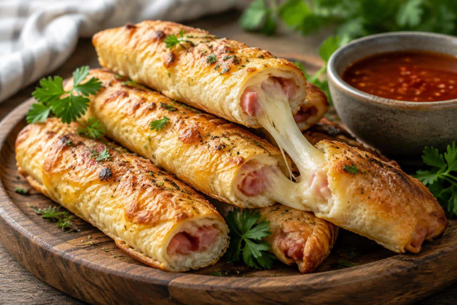 Baked ham cheese sticks with melted cheese and parsley garnish on a wooden platter