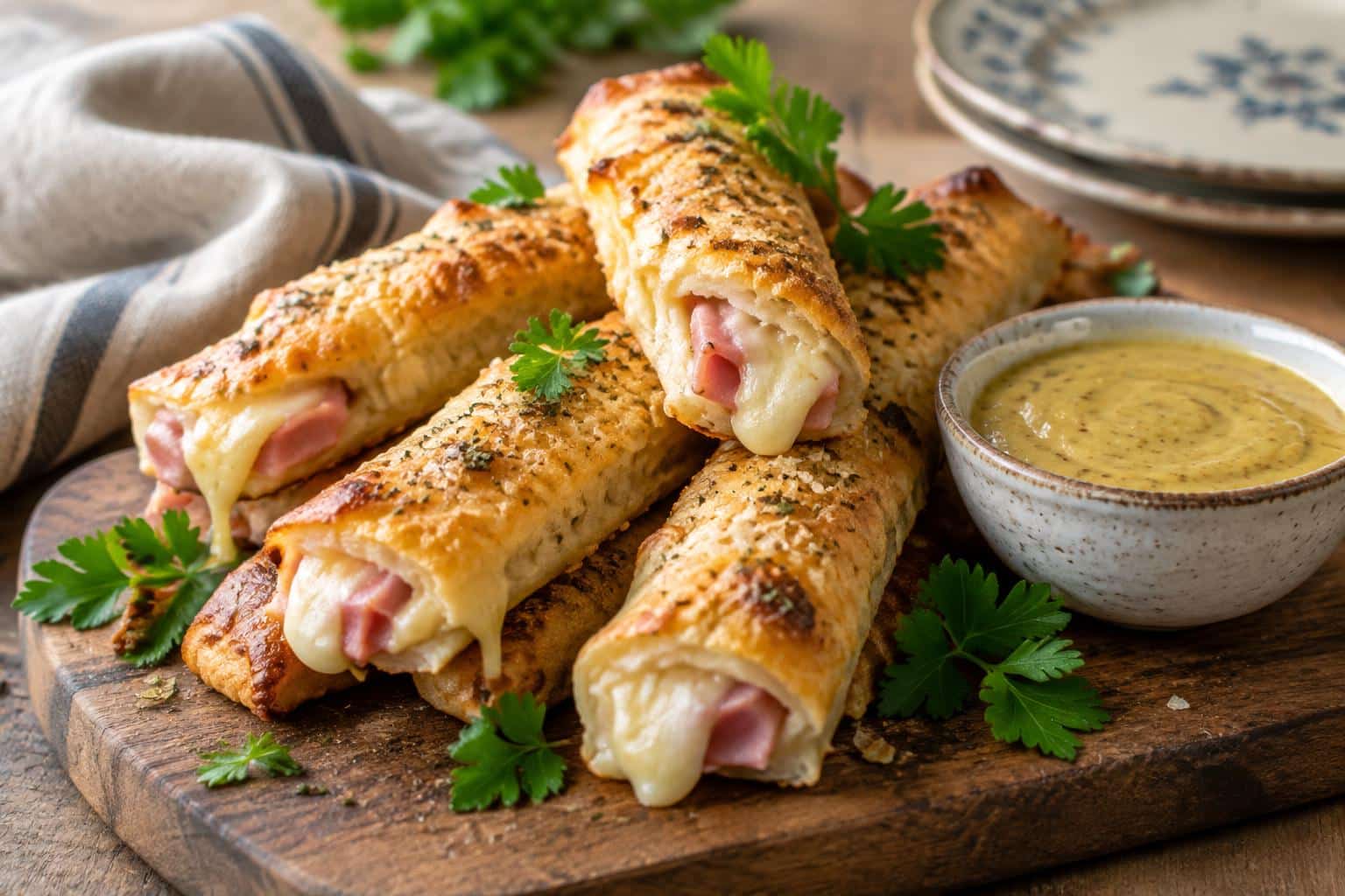Golden baked ham cheese sticks with melted cheese and fresh parsley garnish