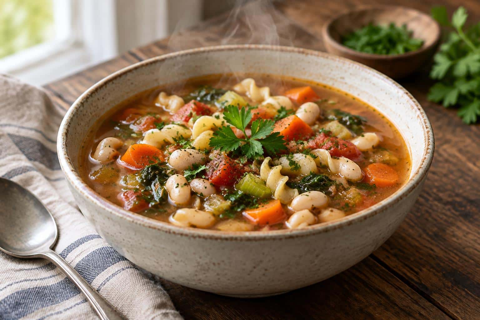 A bowl of hearty vegetable cheap soup recipes with garnish on rustic table