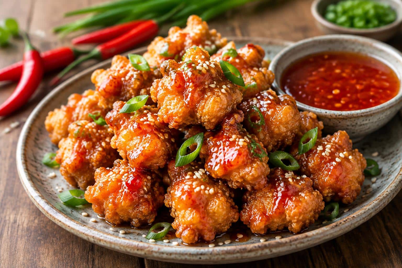 Golden crispy sweet chili chicken bites garnished with green onions and sesame seeds