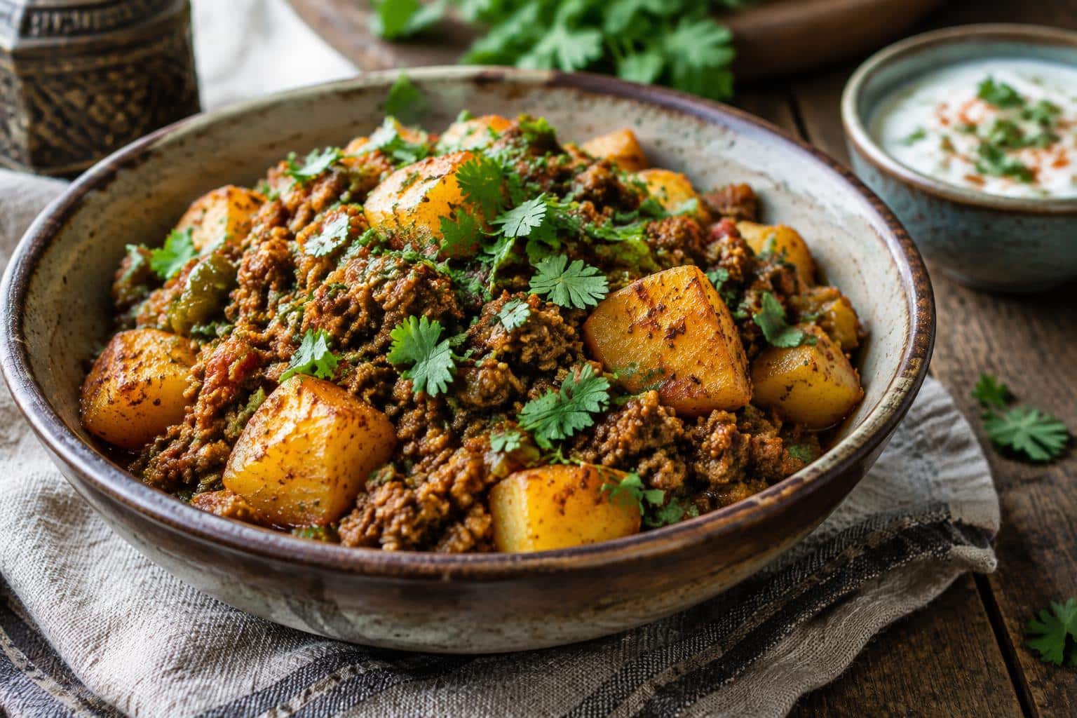 Aloo keema ground meat with potatoes garnished with cilantro on rustic wooden surface