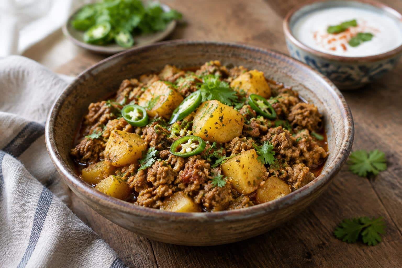 Aloo keema ground meat with potatoes garnished with cilantro and green chili