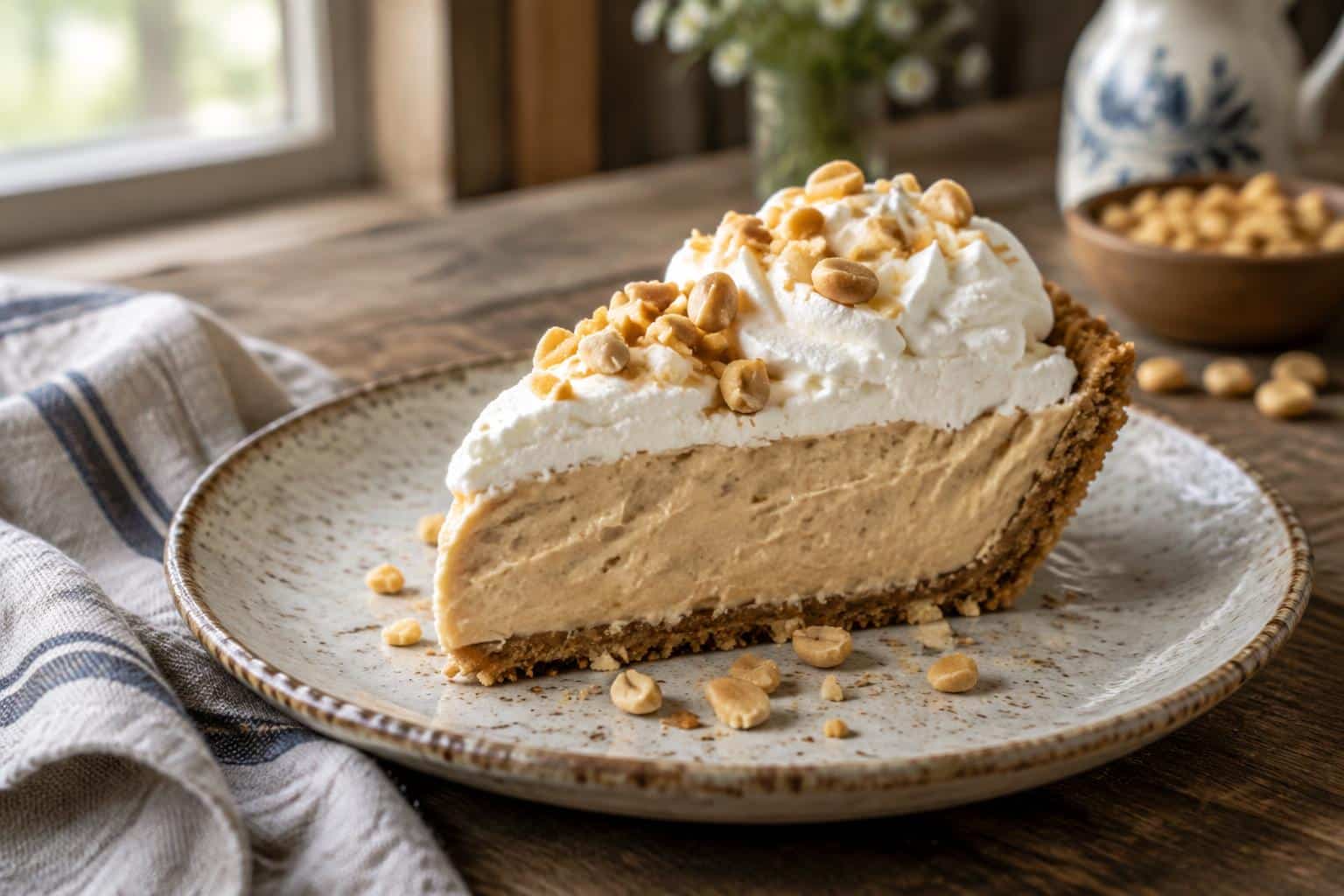 Slice of Amish peanut butter cream pie with whipped cream and chopped peanuts on rustic plate