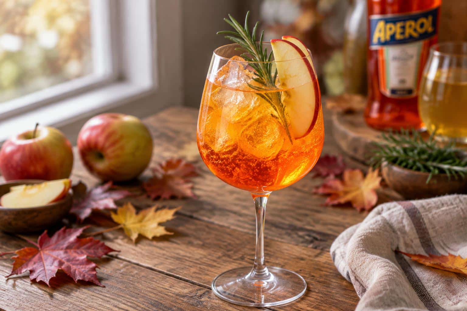 Refreshing apple cider Aperol spritz in glass garnished with apple slice and rosemary sprig
