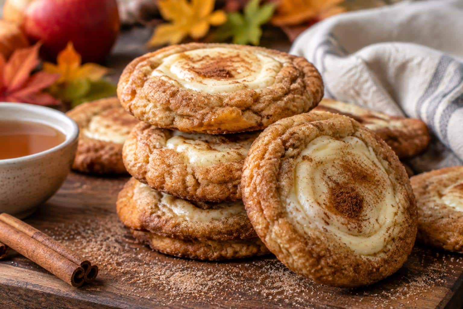Apple cider cheesecake cookies with creamy centers on wooden board in natural light