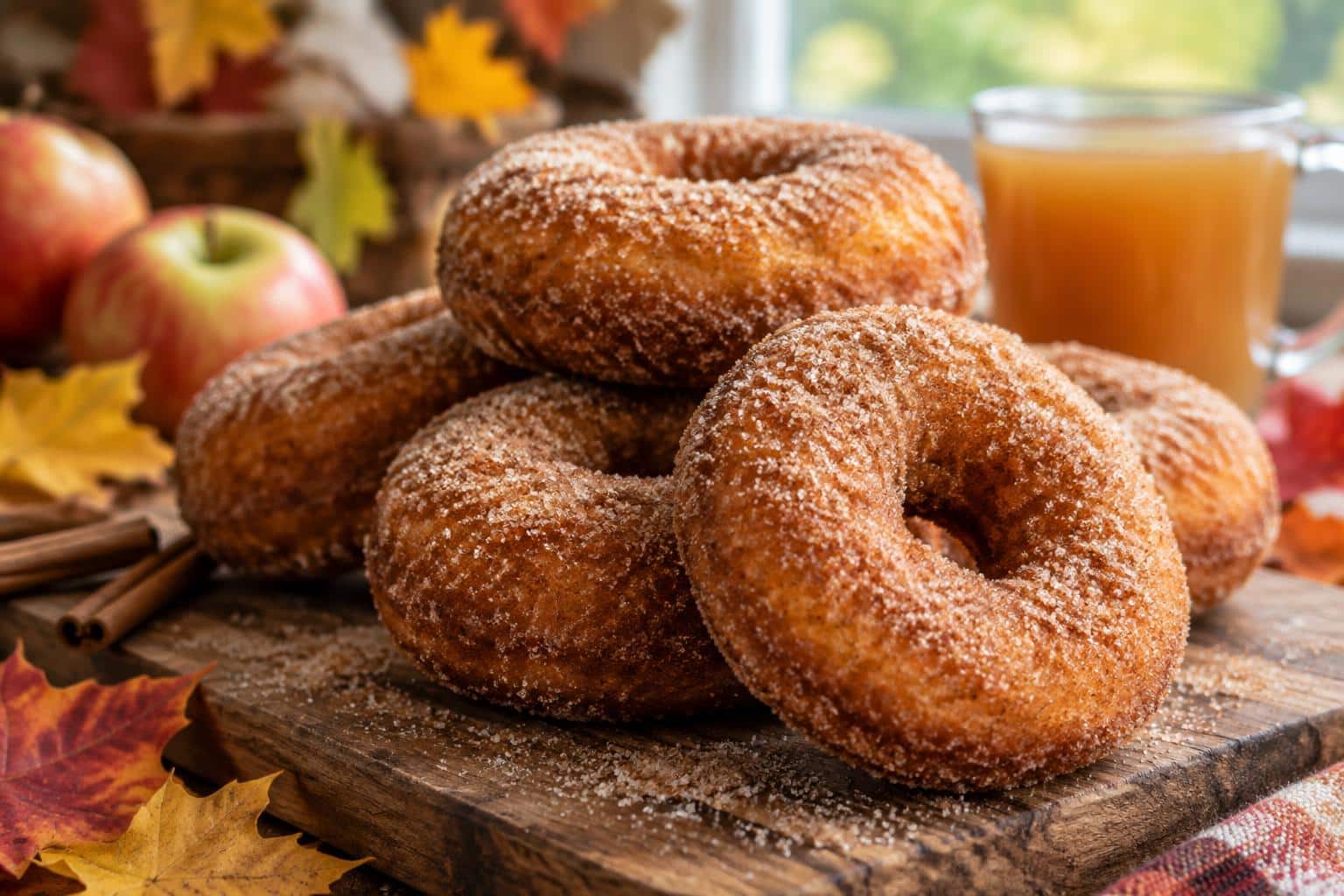 Freshly fried apple cider donuts dusted with cinnamon sugar on a rustic board