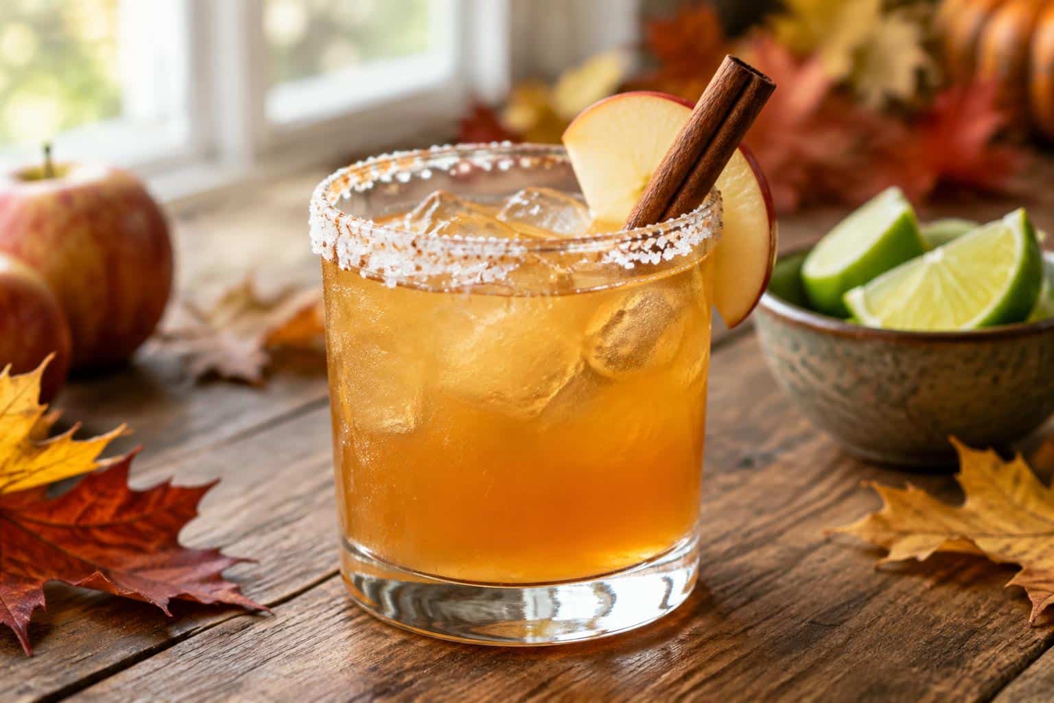 Glass of freshly made apple cider margarita with salted rim and cinnamon stick garnish