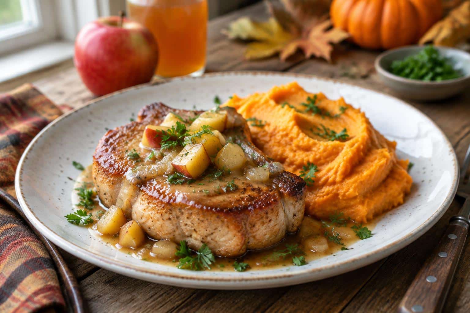 Apple cider pork served with creamy mashed sweet potatoes garnished with parsley