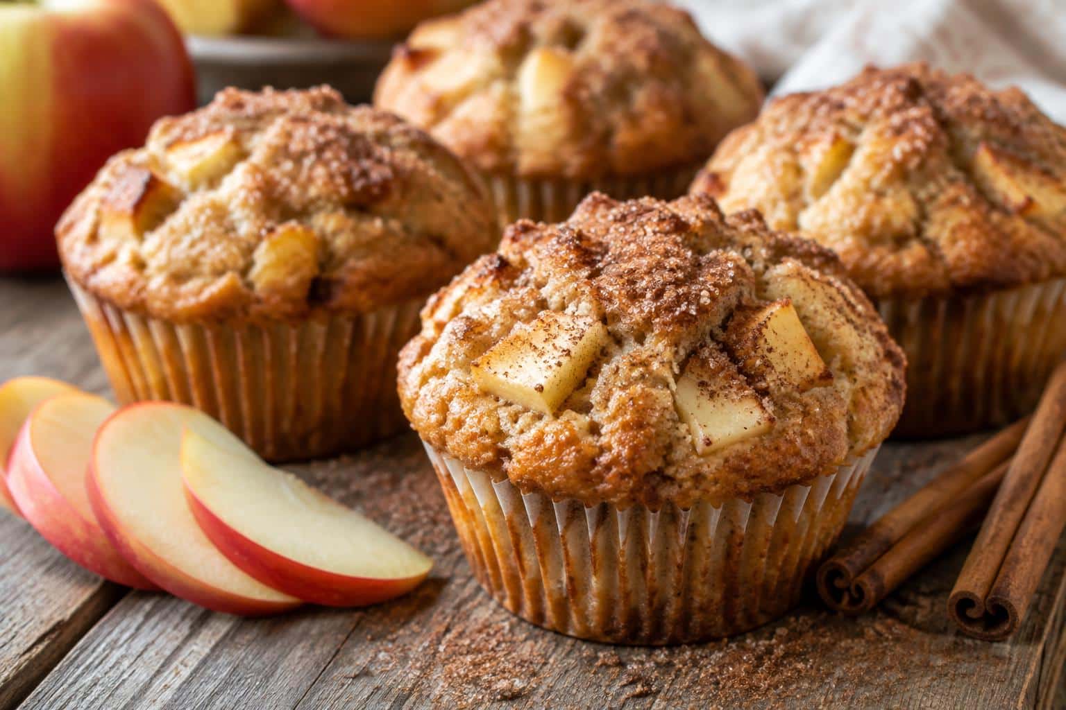Freshly baked apple cinnamon muffins with cinnamon sugar sprinkle on rustic surface