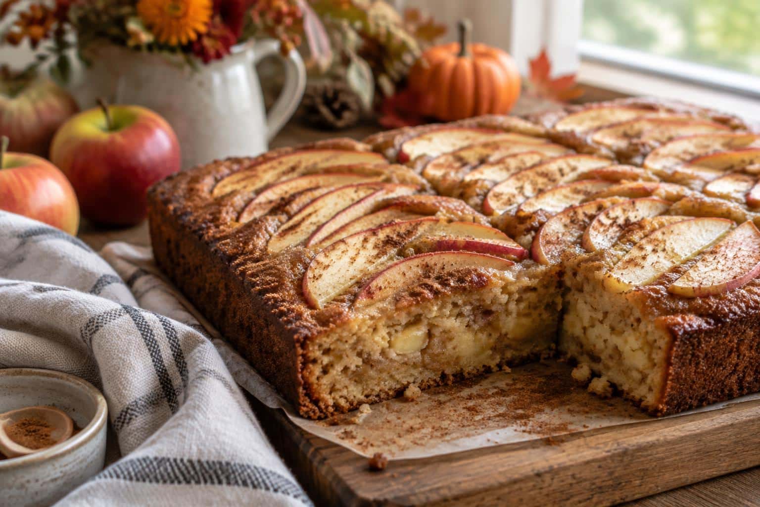 Apple cinnamon sheet cake with apple slices and cinnamon garnish on rustic wooden surface