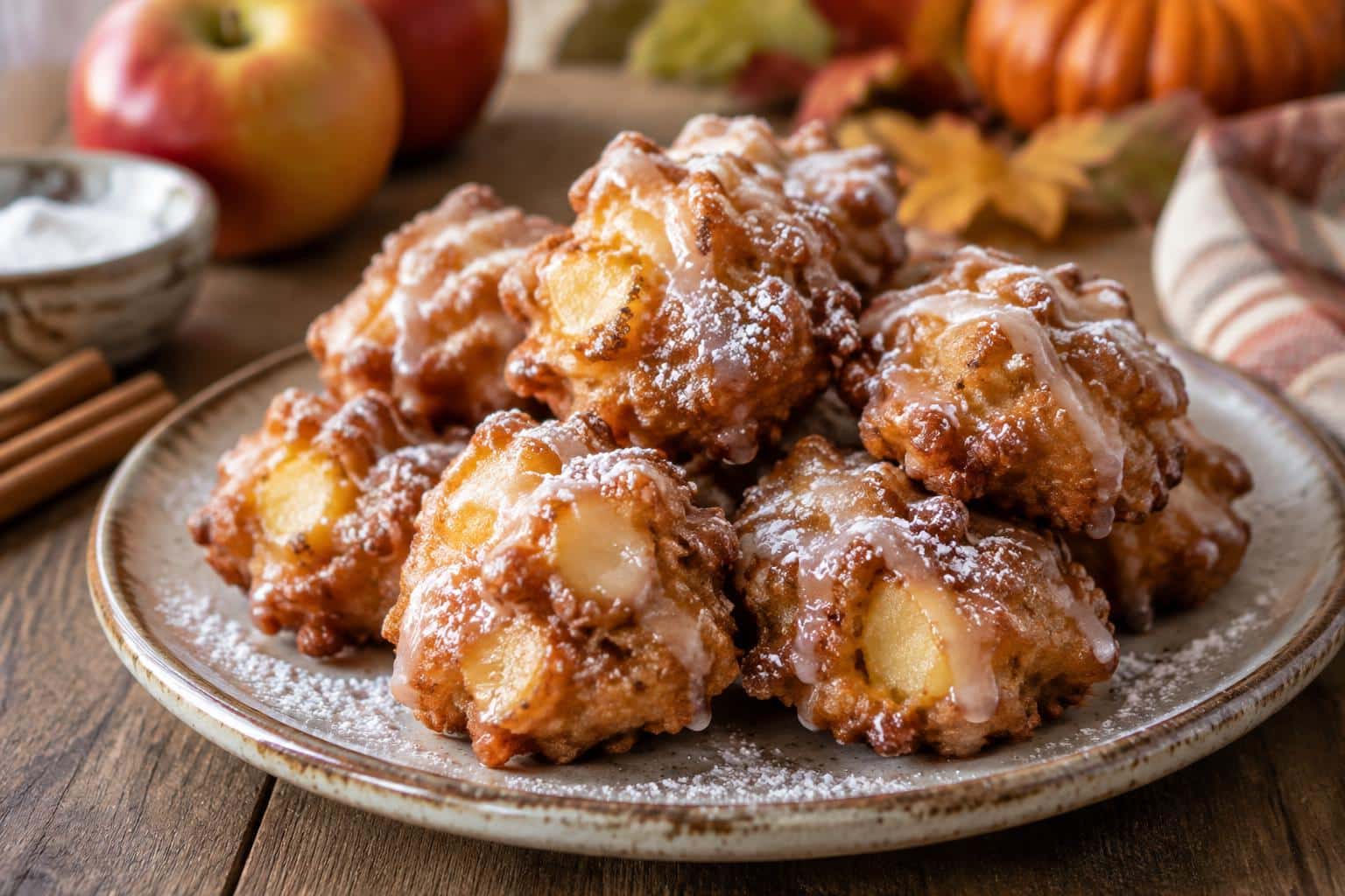 Golden apple fritter bites drizzled with glaze and powdered sugar, perfect apple fritter bites dessert snack