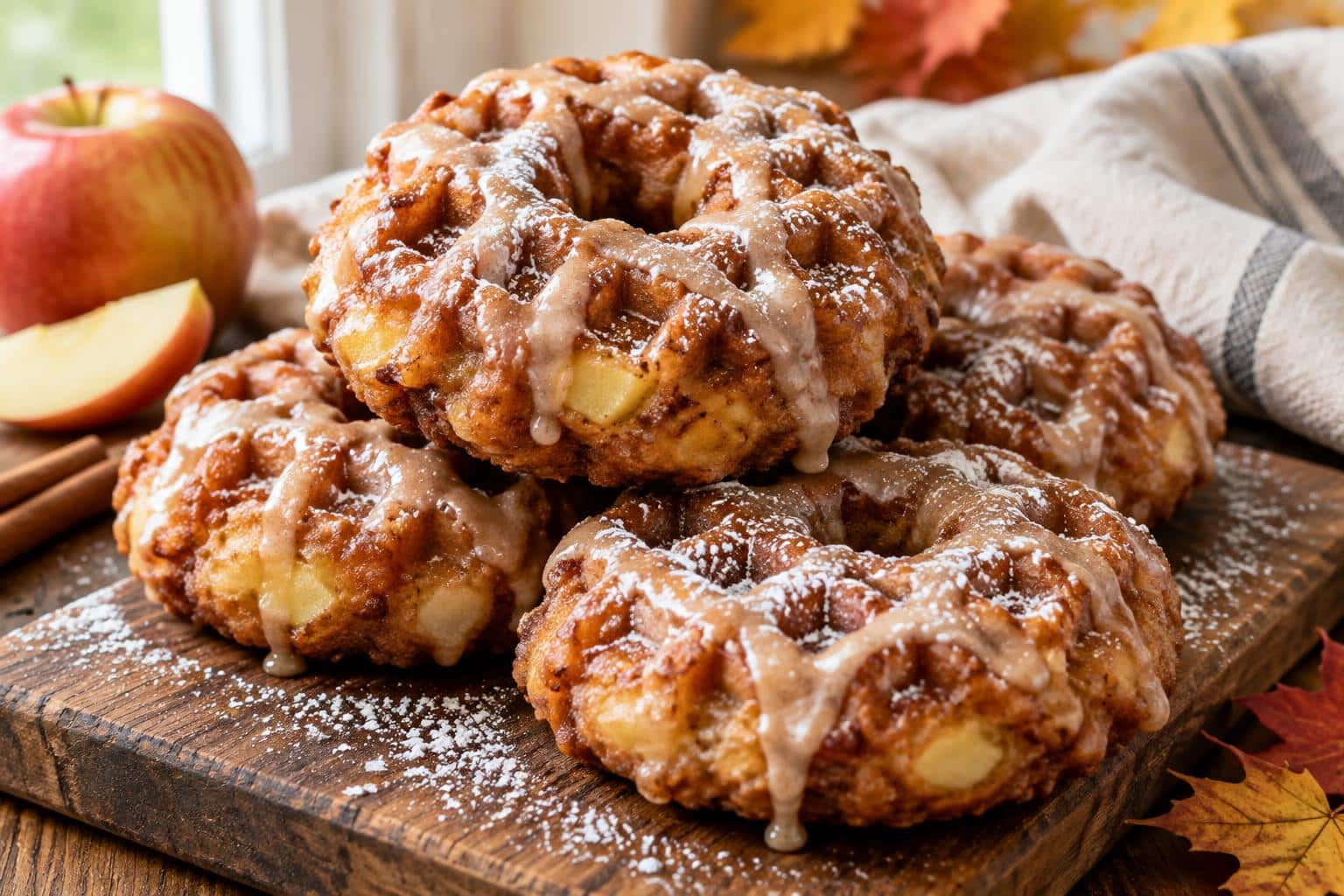 Golden apple fritter waffle donuts with cinnamon glaze and powdered sugar on wooden board
