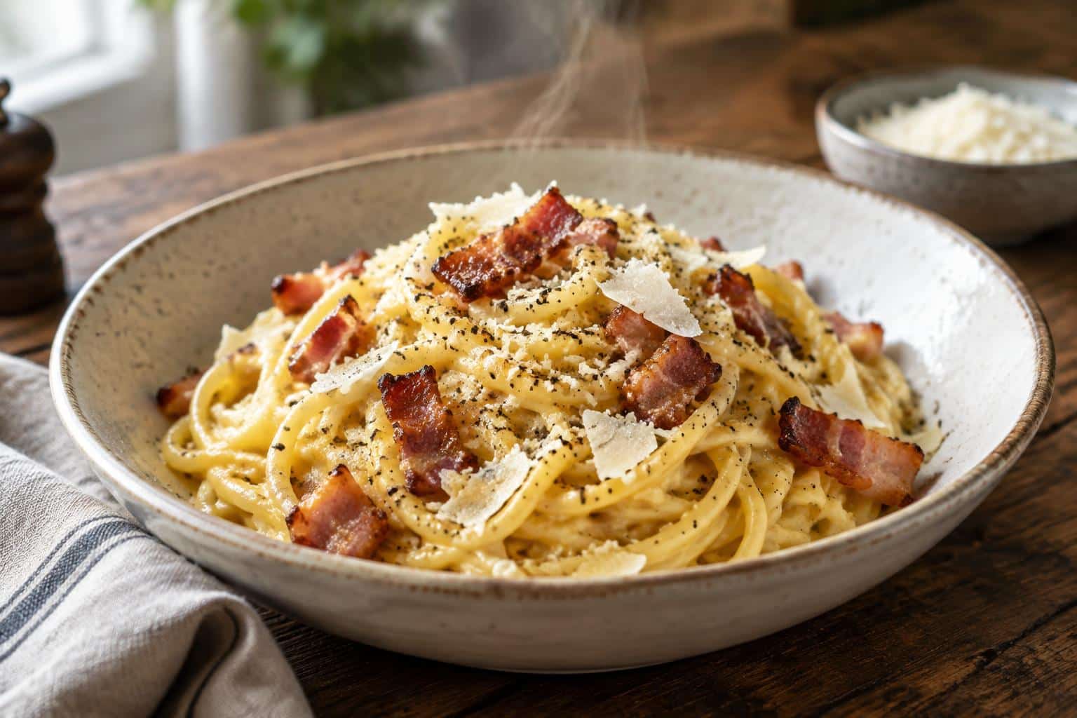 Authentic Italian carbonara with crispy pancetta served in a bowl with creamy sauce and black pepper
