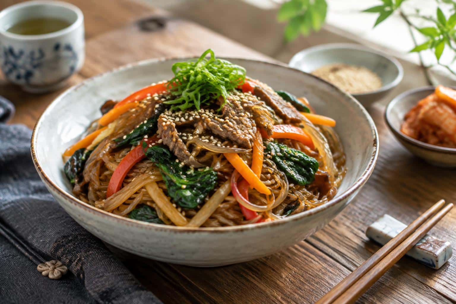 Authentic Korean japchae noodles with stir-fried vegetables and sesame seeds in a bowl