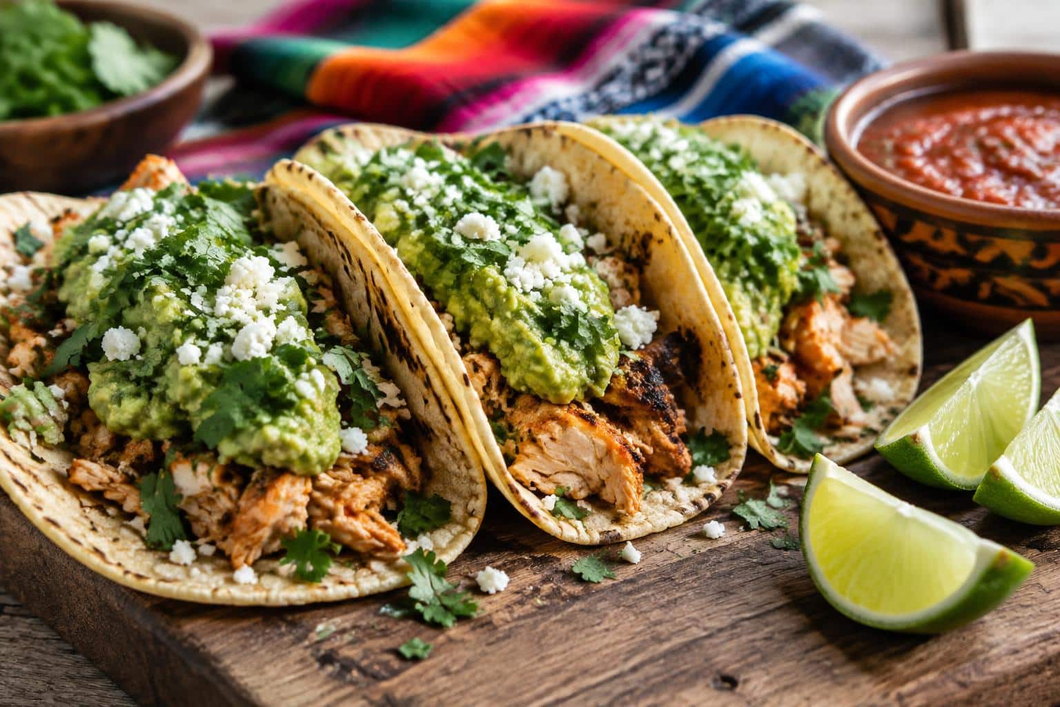 Authentic Mexican chicken tacos topped with fresh guacamole and crumbled cheese on a rustic board
