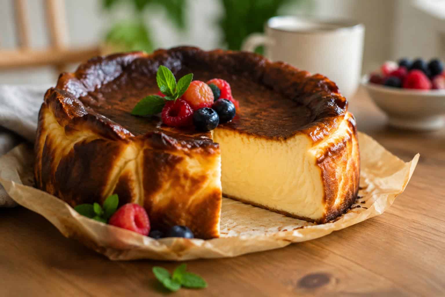 Creamy Basque San Sebastian cheesecake with caramelized top and rustic edges