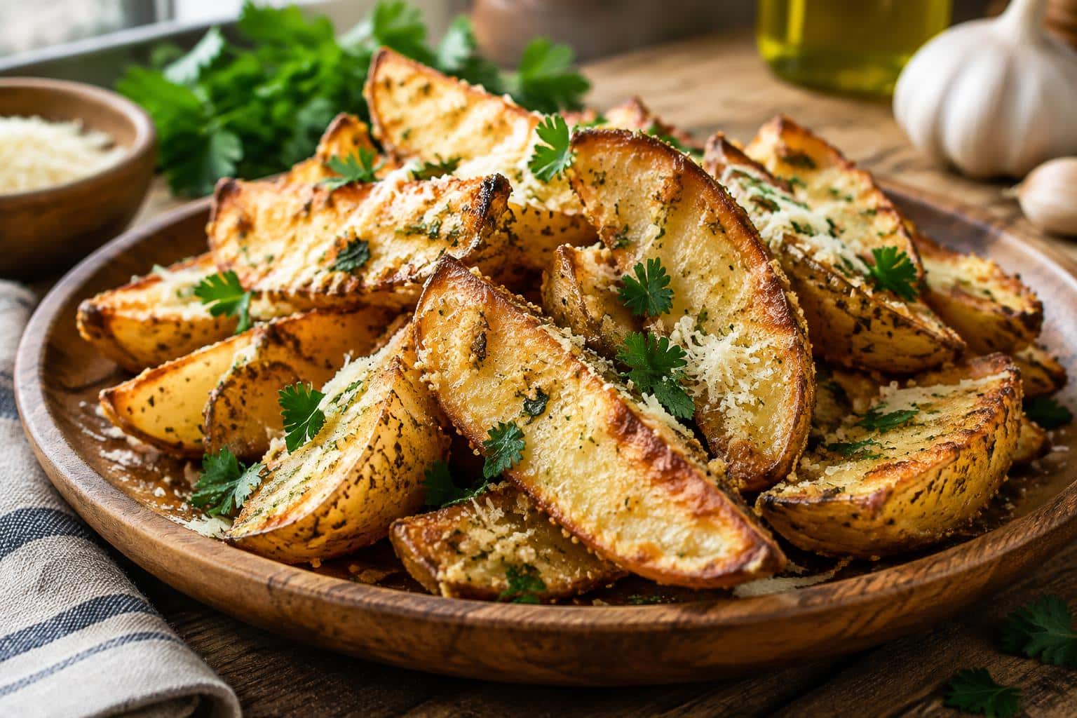 Baked garlic parmesan potato wedges served on rustic plate garnished with parsley and parmesan cheese