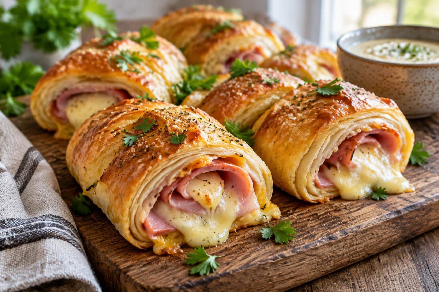 Golden baked ham and cheese rolls with melted cheese and fresh parsley garnish