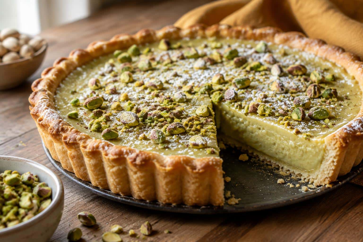 Baked pistachio custard pie with creamy filling and chopped pistachio garnish