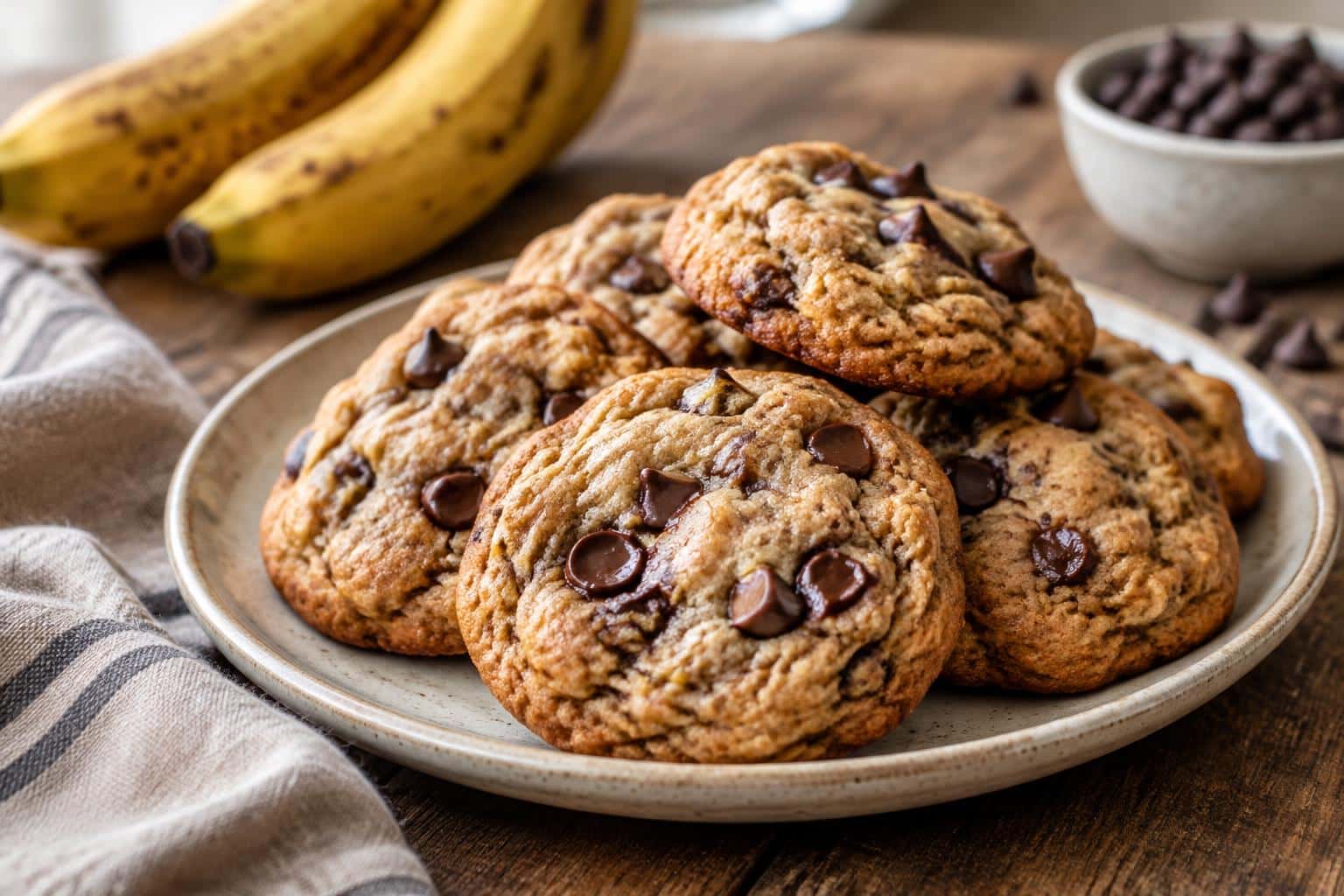 Fresh banana bread chocolate chip cookies on rustic wooden table with natural light