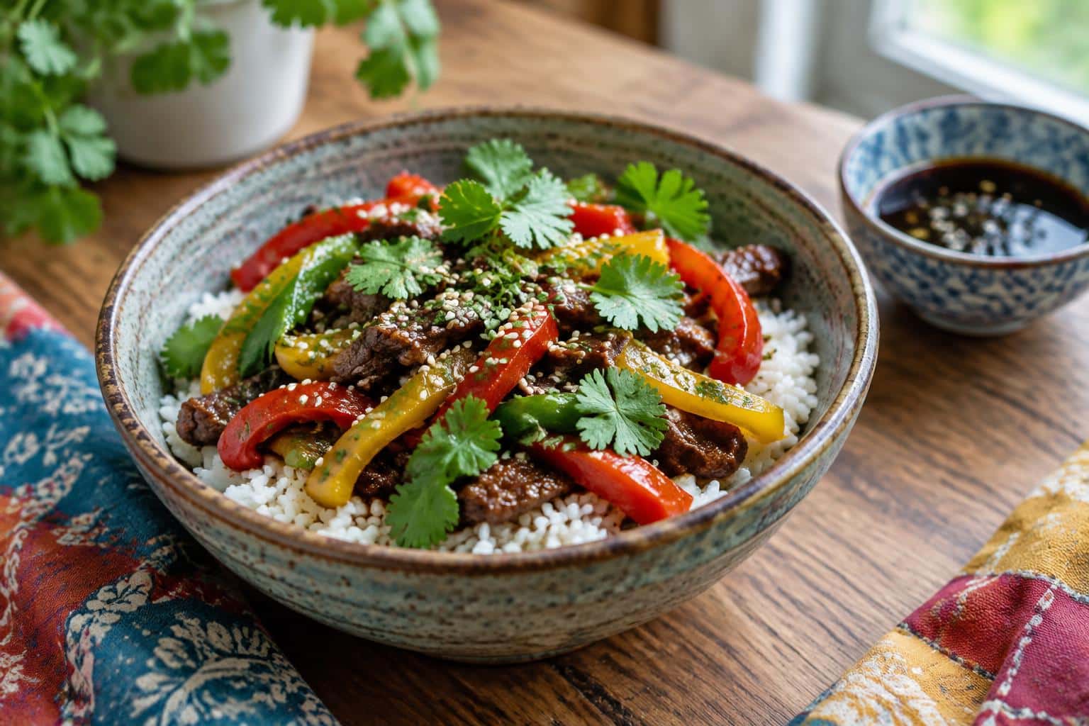 Savory beef pepper rice bowl with colorful bell peppers and fresh cilantro garnish