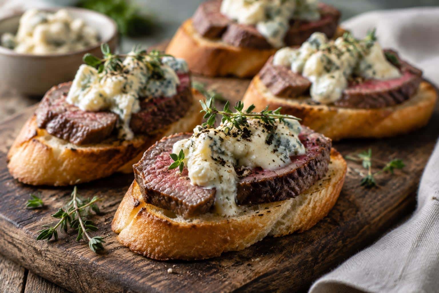 Beef tenderloin crostini topped with creamy gorgonzola and fresh thyme garnish