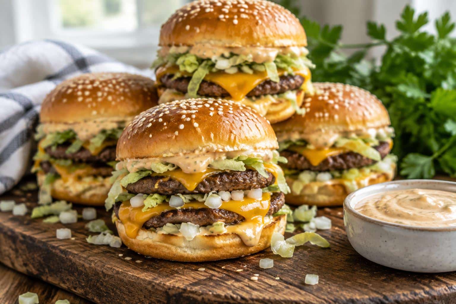 Beefy and cheesy Big Mac sliders stacked with melted cheese and special sauce