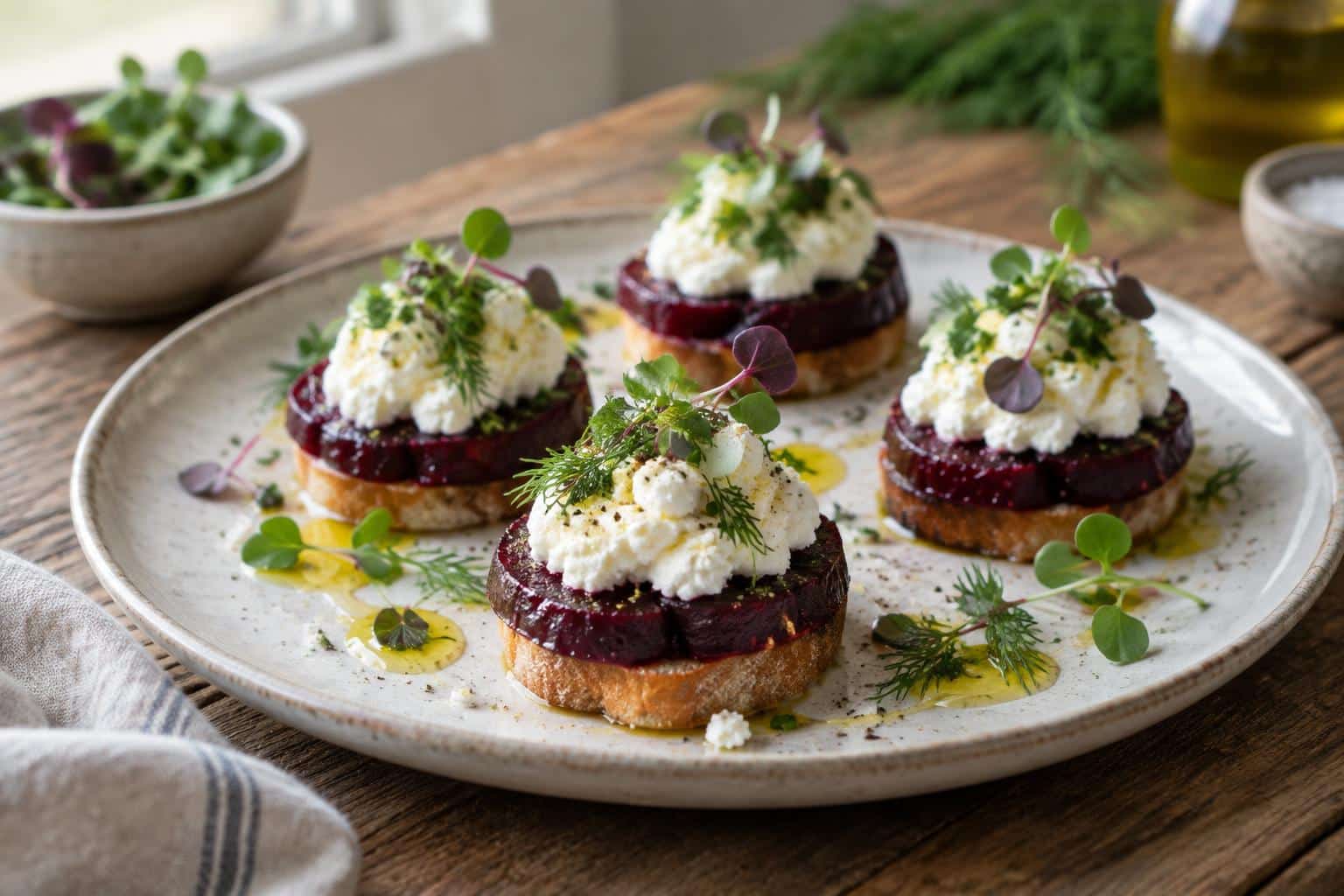 Beet bliss canapés topped with whipped feta delight garnished with fresh herbs