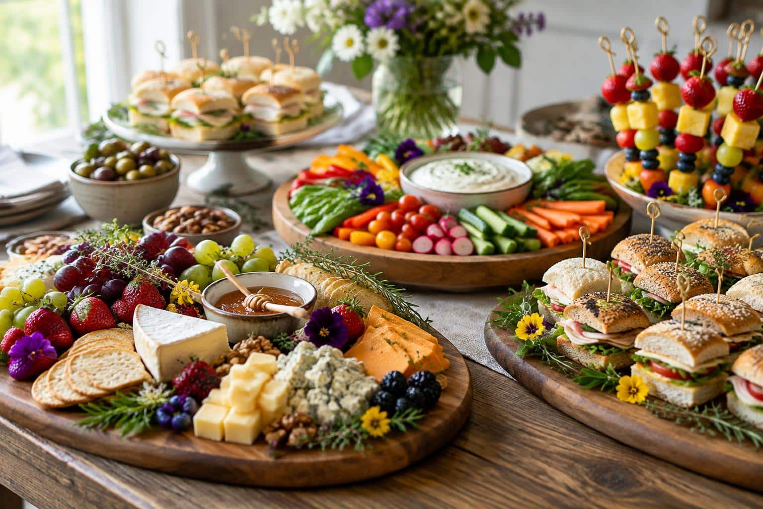 Elegant party food table ideas with colorful appetizers and fresh garnishes